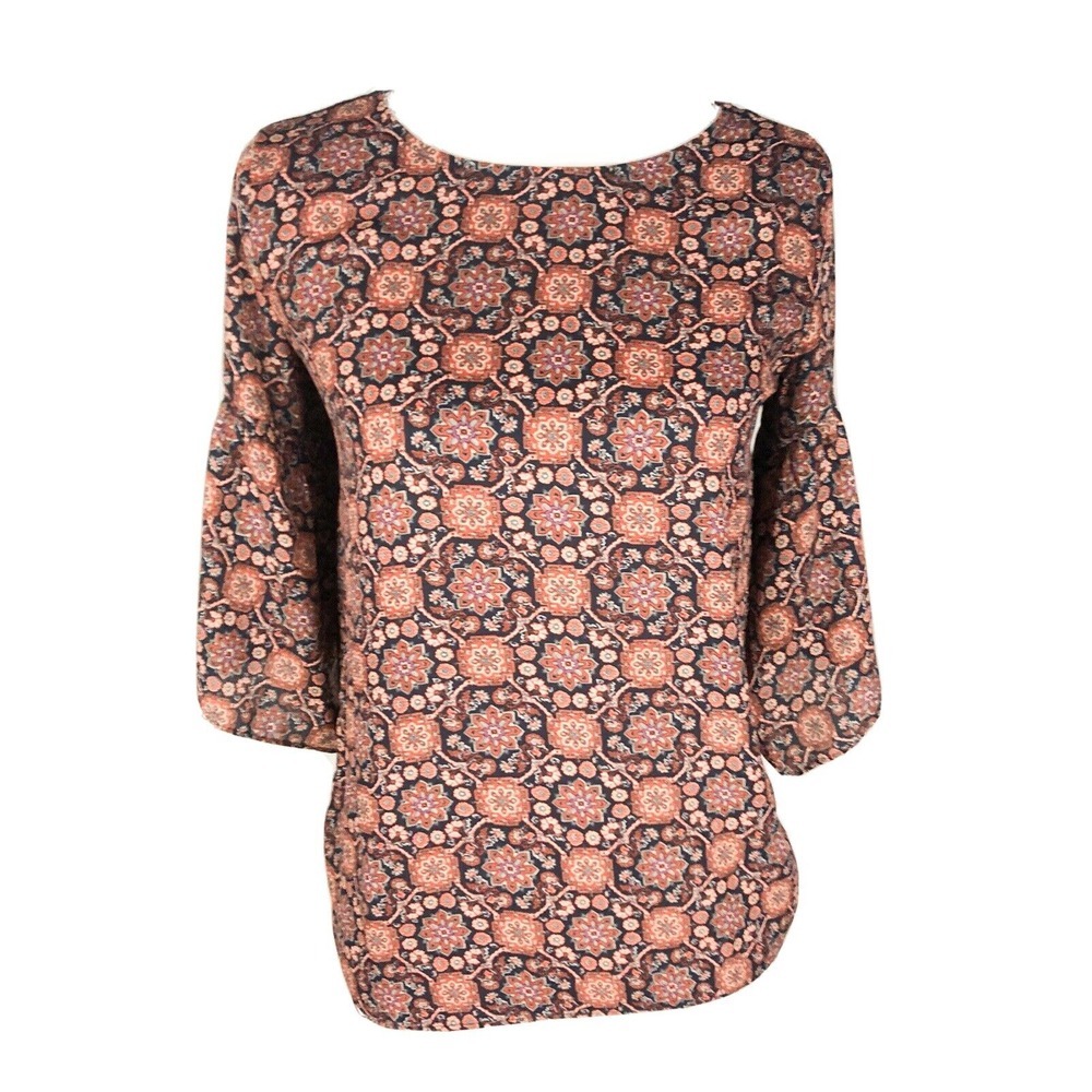Loft Women's size XSP‎ Orange Floral Bell Sleeve Blouse/Top